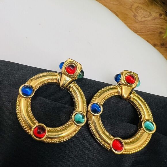 Vintage Mogul Jewels Gripoix Dangle Door Knocker Gold Red Blue Green Earrings - Picture 6 of 10